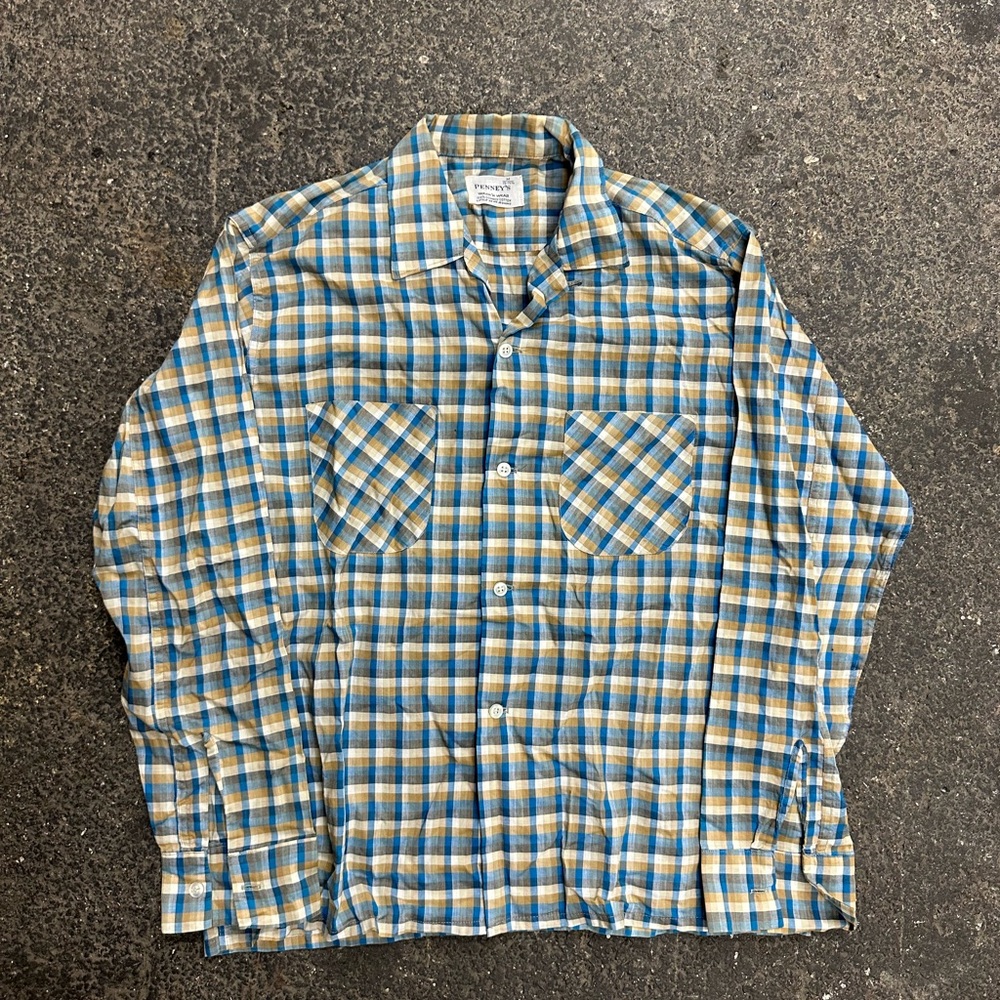 Penney’s Vintage Loop Collar Plaid Button Up Shirt M 15-15.5 Blue